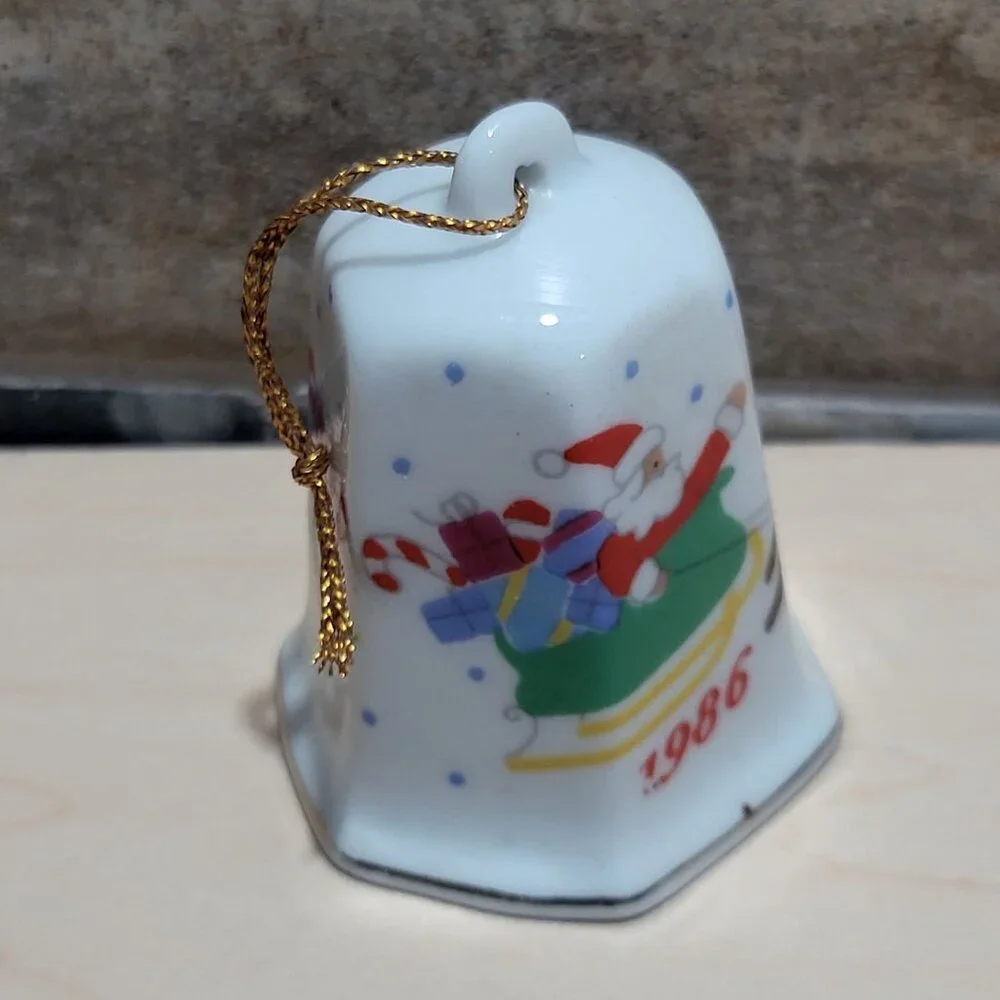 Vintage Lillian Vernon Christmas Hexagon Bell Ornament 1986 Gold Trim